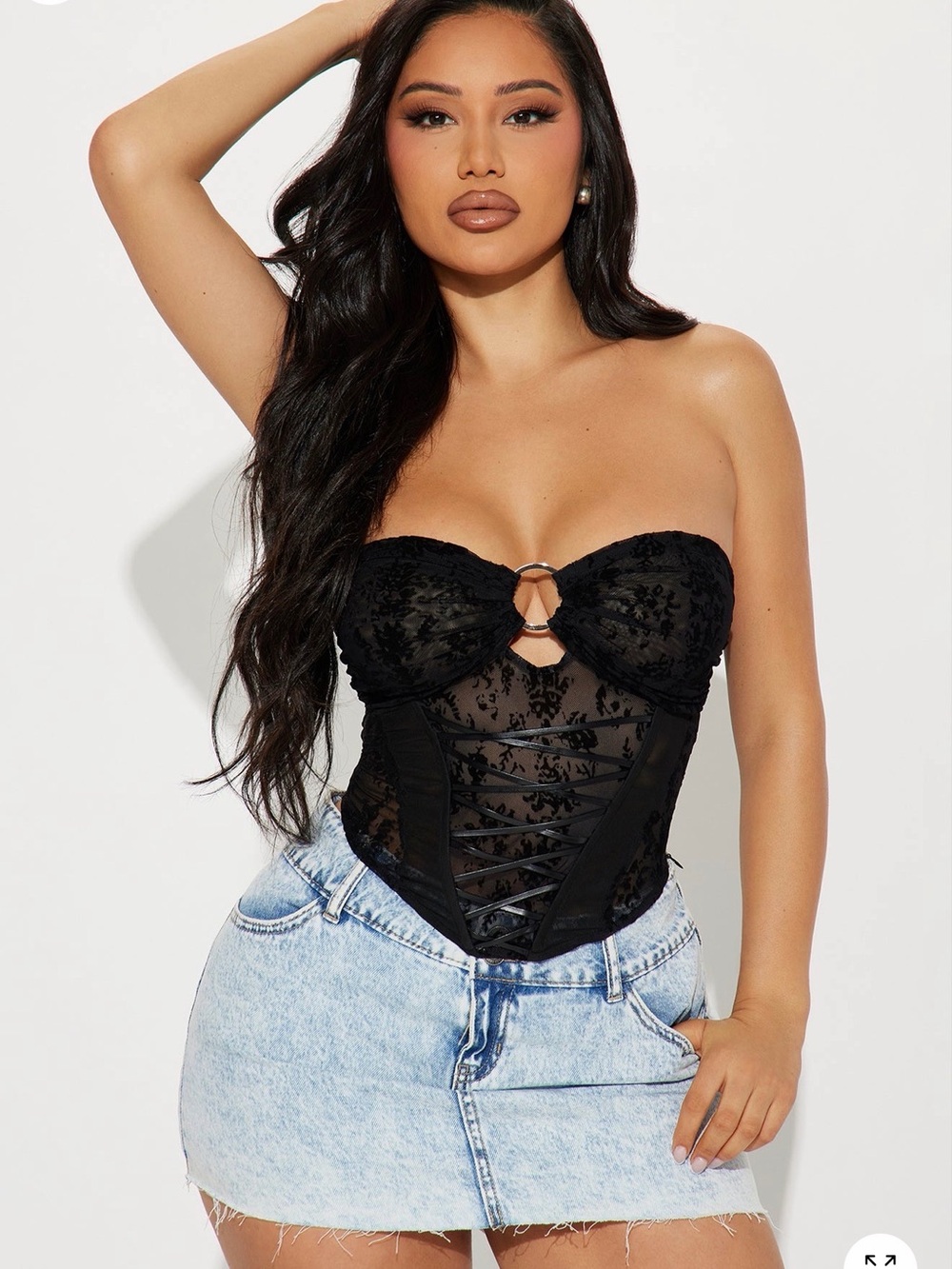 Strapless Black Lace Corset Top with Ring Detail